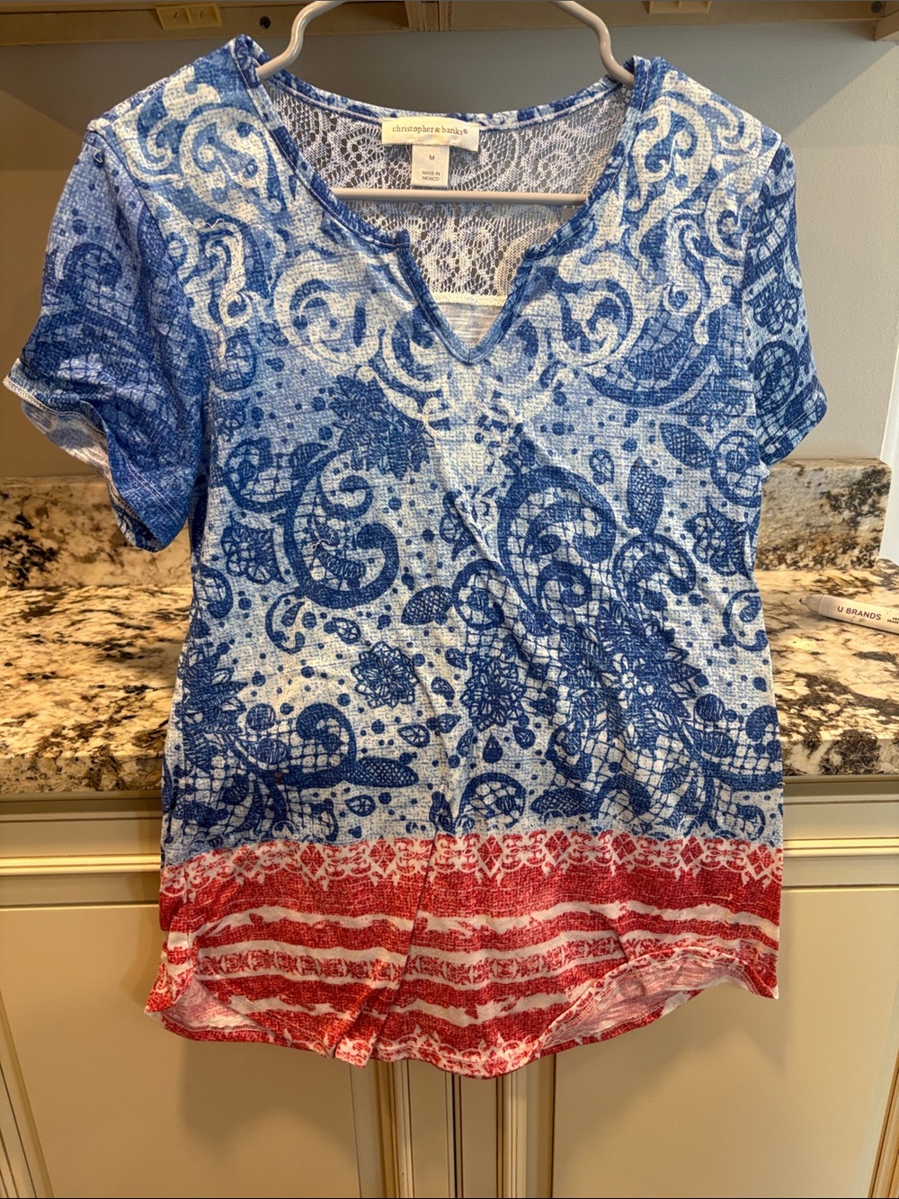 Christopher & Banks Blue Paisley Short-Sleeve V-Neck Top with Red Border